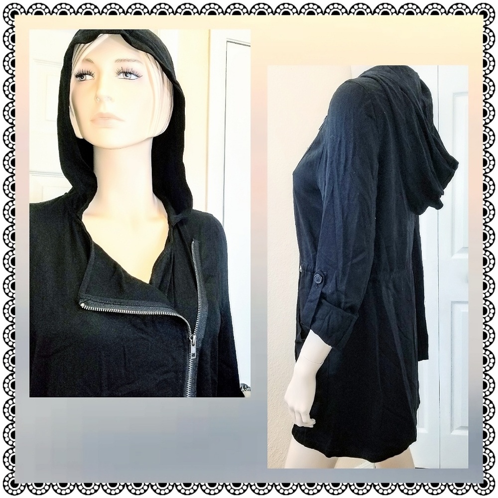 Black hooded jacket, moto style, sz L